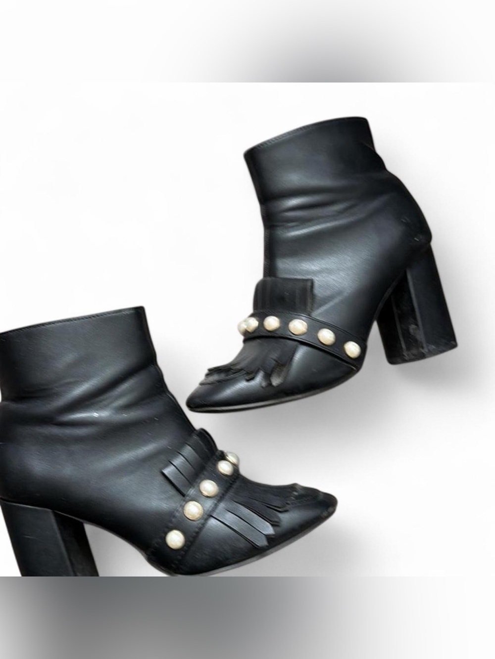 Primark Black Pearl-Trim Fringe Block Heel Ankle Boots size 6US